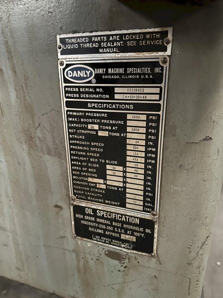50 TON DANLY 30" x 46" BED HYDRAULIC 4-POST PRESS, 24" STROKE: YOBRO #26433