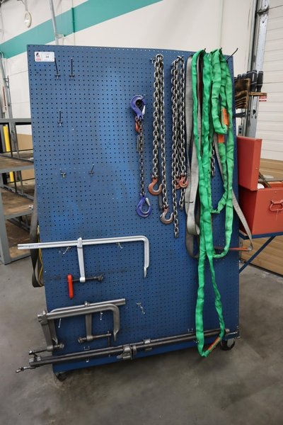 Portable Tool Rack with: Clamps, Hand Tools, Lifting Straps, Chains, Eye-Bolts, Hooks- Auction Item