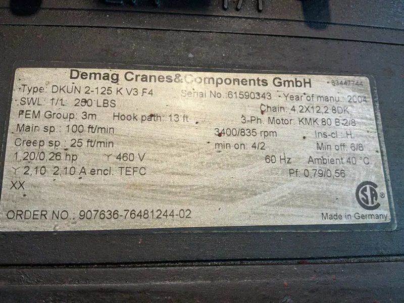 Demag 250 Lbs Hoist - Dkun2-125 K V3 F4