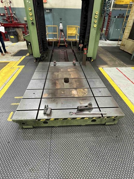 224 Ton Reis 4 Post Hydraulic Spotting Press, Model TUS-180 OK-200, 71" x 98" Roll Out Table, Tilt Down Ram, 106" STR, 118" DLO, 1994