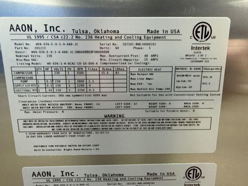 Aaon Dandelion Heat Pump - Wva-036-e-0-1-4-aa0-jc