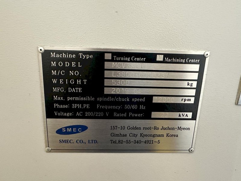 Samsung SMEC MCV 380TD VMC Fanuc O-iMD Controller, 16.54” X 23.62” X 20.50 Travels, Automatic Pallet Changer, 12,000 RPM Spindle, 20 Tools, Double Arm ATC, Rigid Tapping and Through Spindle Coolant.