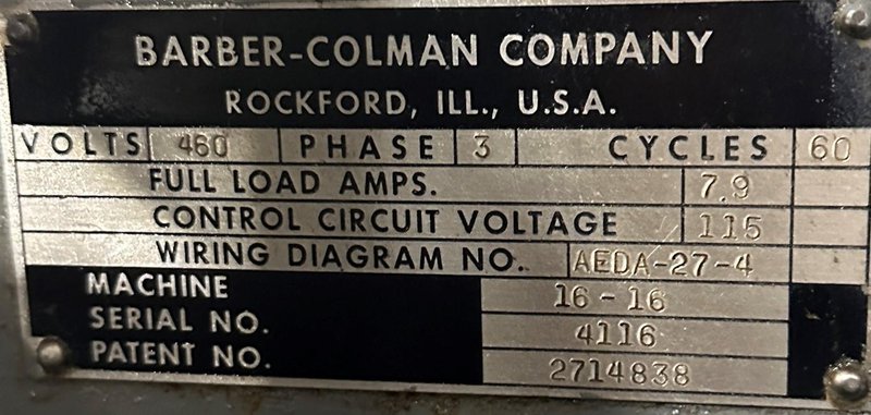 16-16 Barber Colman Universal Gear Hobber with Differntial