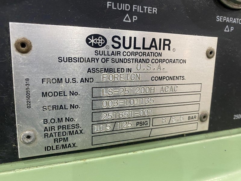 200 HP SULLAIR MODEL #SLS-25 200H ACAC ROTARY SCREW AIR COMPRESSOR: STOCK #20580