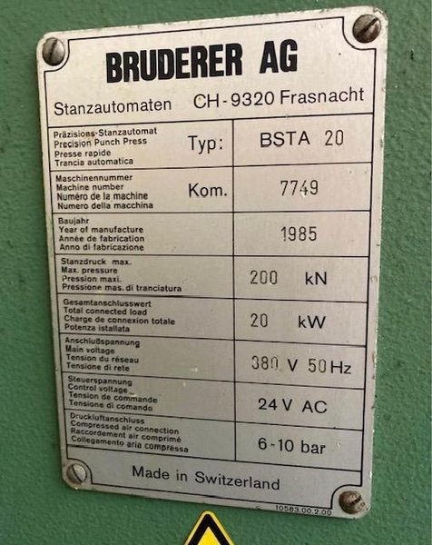 20 TON BRUDERER AG  4-POST HIGH-SPEED AUTOMATIC PRESS LINE STOCK# 3292