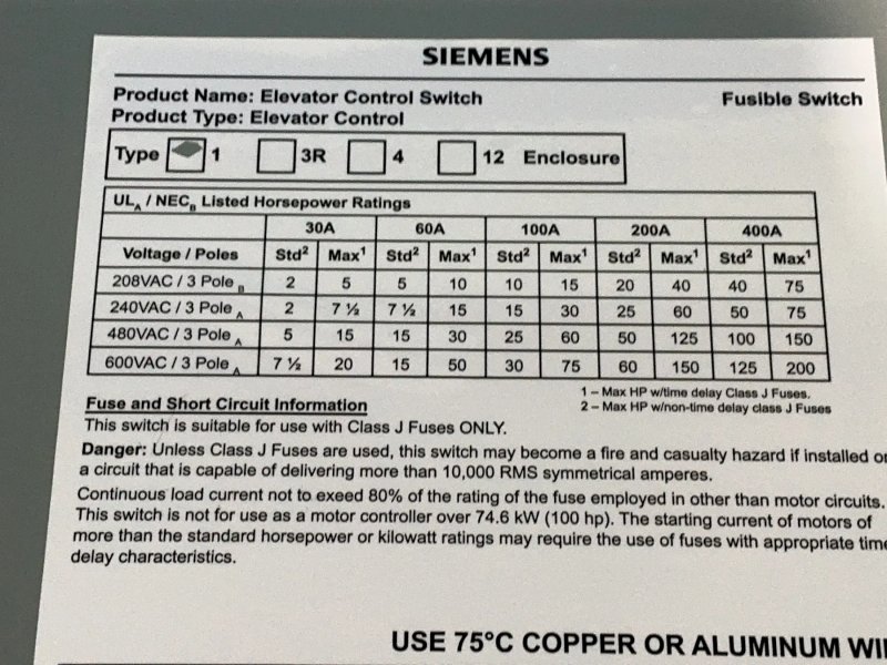 Siemens Elevator Disconnect Power Module Switch - Ecs1t1r1rf3nb