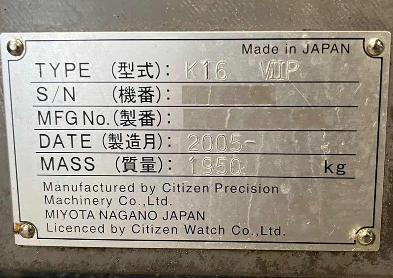 Citizen Cincom K16 VIIP CNC Swiss Type Automatic Lathe