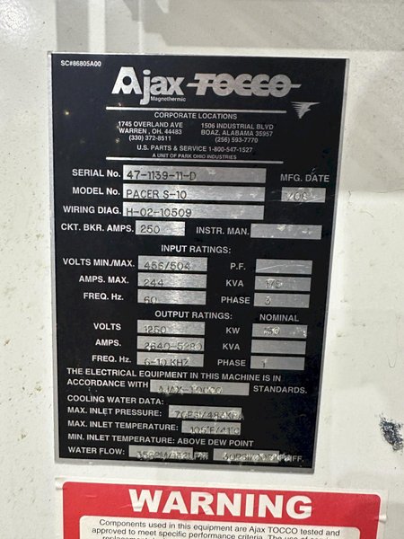 150 KW AJAX-TOCCO MODEL PACER-S10 HEAT INDUCTION POWER SOURCE, 6-10 KHZ, NEW 2008: STOCK #22587