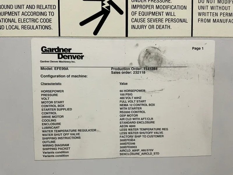 Gardner Denver  60 Hp Air Compressor  - Efe99a