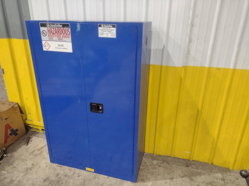 2 DOOR JUSTRITE HAZARDOUS MATERIALS STORAGE CABINET, 43” X 18” X 65” HIGH: YOBRO #24504
