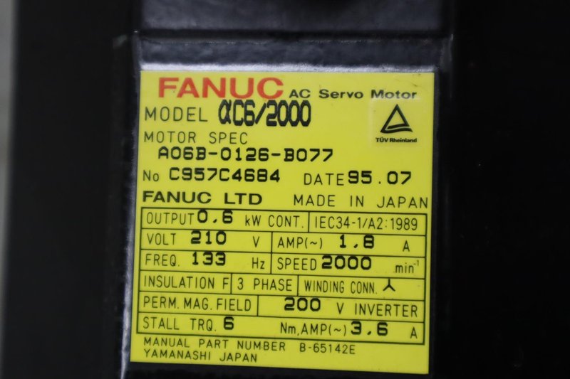 Used Fanuc AC6/2000 Servo Motor; 0.6 kW A06B-0126-B077
