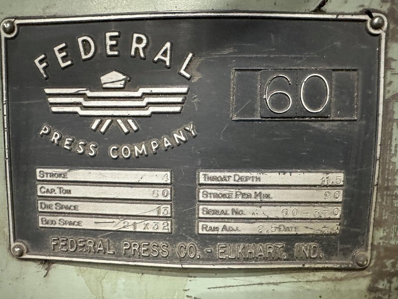 60 TON FEDERAL MODEL #60 OBI PUNCH STAMPING PRESS, 4" STROKE: STOCK #20995