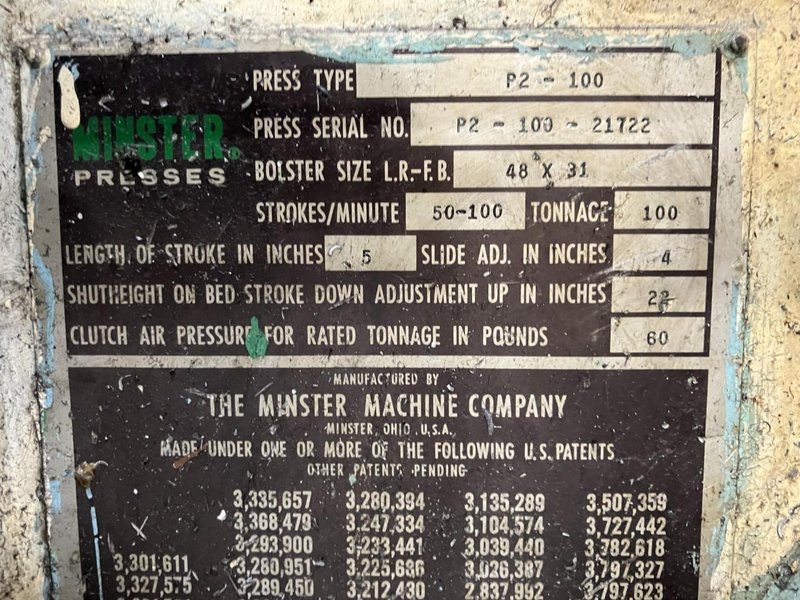 100 ton Minster Press Model P2-100-48 "Piece-Maker" High Speed Mechanical Metal Stamping Press For Sale, Recondition in Process!