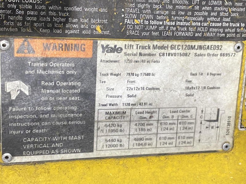 12,000 LBS YALE MODEL #GLC120M LP-GAS FORKLIFT: STOCK #18841