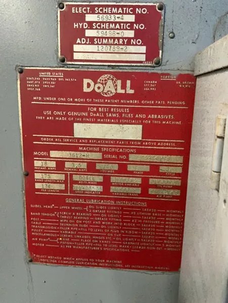 Doall 24” X 30” Vertical Band Saw  - 3612-h