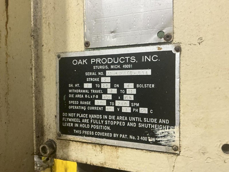 60 TON OAK MODEL #30-LP-60-604 STRAIGHT SIDE PRESS, STROKE 2", 80-240 SPM: YOBRO #26050