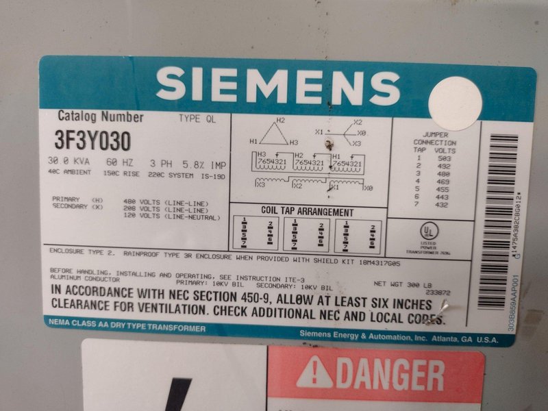 30 KVA 3 PHASE SIEMENS 480<->208 V ELECTRICAL TRANSFORMER: YOBRO #25209