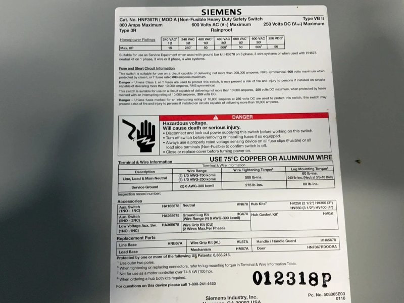 Siemens  800 Amps, 600 Volts  Non Fusible Disconnect  - 012318p