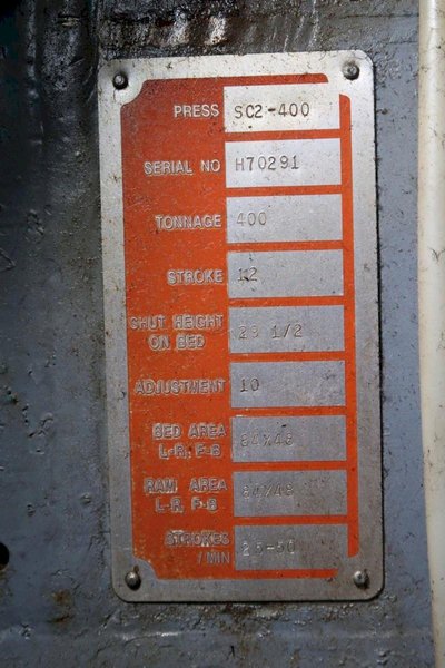 400 ton Bliss SC2-400-84-48 Used Straight Side Double Crank Mechanical Metal Stamping Press, Year 1986