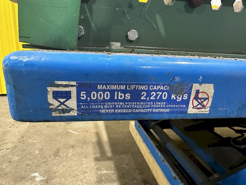 5,000 LBS X 96" X 48" BISHAMON HYDRAULIC SCISSOR LIFT TABLE WITH ROLLER CONVEYOR TOP, 115 VOLT: STOCK #20963