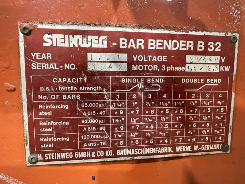 1-1/4" STEINWEG MODEL #B32 REBAR, ROD &amp; BAR ROTARY BENDER: STOCK #18763
