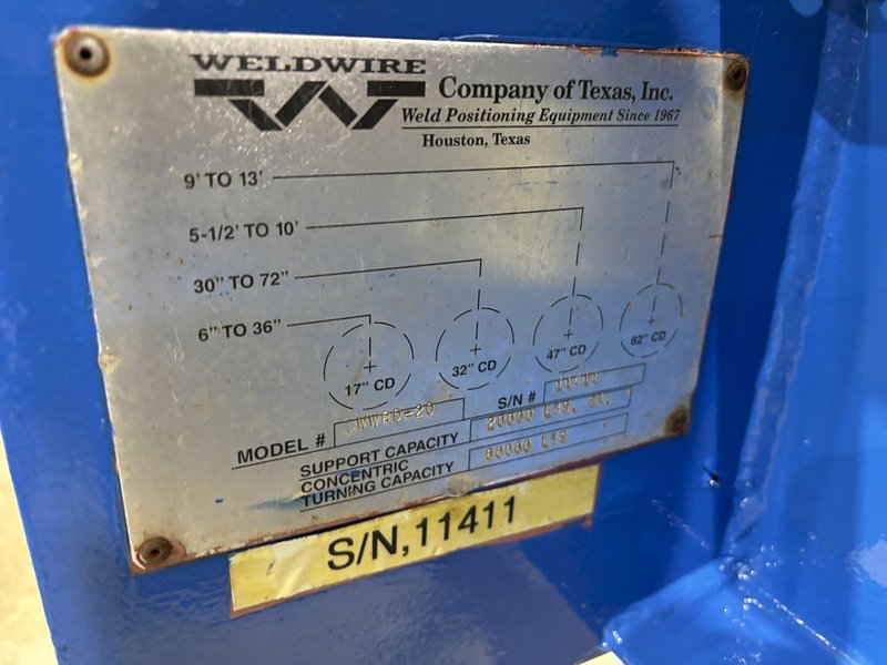 40 TON (80,000 LBS) WELD-WIRE MODEL #WWR-20 POWERED TANK TURNING ROLLS, 1 DRIVE &amp; 3 IDLERS: STOCK #19996
