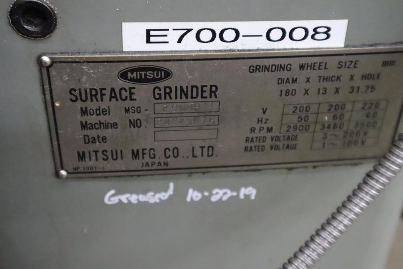 Mitsui High-Tech MSG-200MH Hand Feed Surface Grinder, Mitutoyo KA-200 2-Axis DRO, 6"x12" Fine Pole Chuck, Coolant- Auction Item