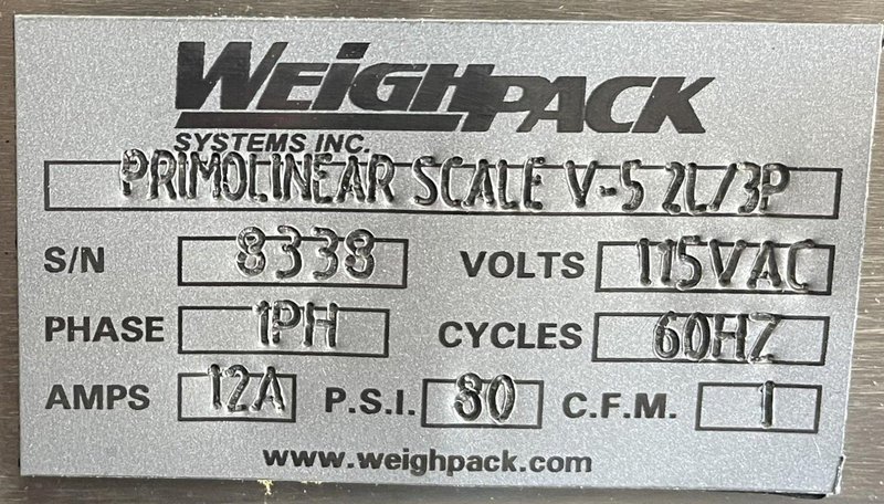 (B) WEIGHPACK Complete Set: Zippy Bagger R-L, Primolinear Scale V-5 2L/3P, Infeed Conveyor, Floor Hopper