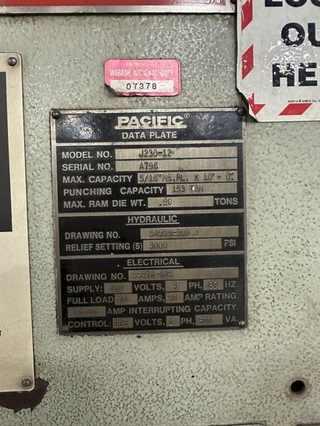 230 TON X 12' PACIFIC MODEL J230-12 HYDRAULIC PRESS BRAKE: STOCK #18531