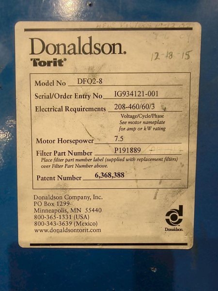3,040 CFM X 7.5 HP TORIT MODEL #DFO2-8 DUST COLLECTOR: YOBRO #26046