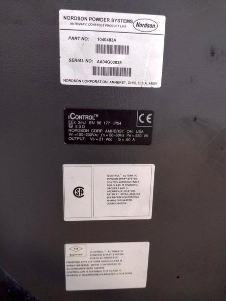 NORDSON POWDER COAT PAINT SYSTEM WITH FEEDER &amp; I-CONTROL. STOCK # 0985226