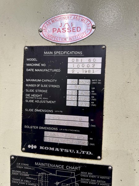 60 TON KOMATSU MODEL OBS60 OBI PRESS: STOCK #77670
