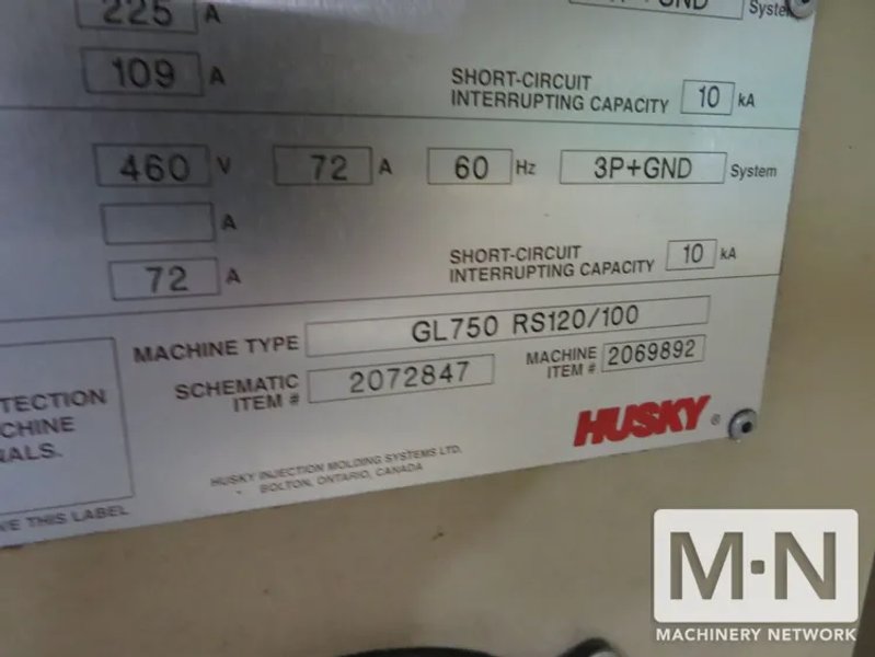825 TON 132 OZ  HUSKY MODEL GL750GENRS120/100 INJECTION MOLDING MACHINE  MFG 1999