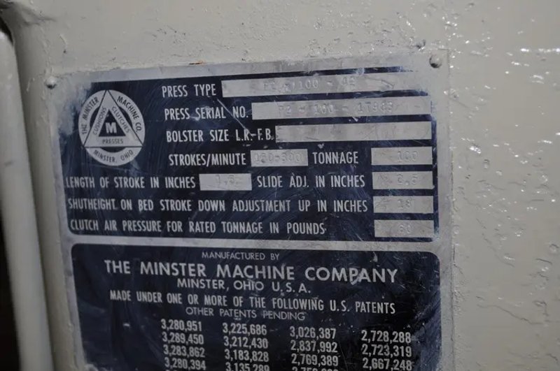 MINSTER 100 TON P2-42 PRESS, STOCK# 13609J