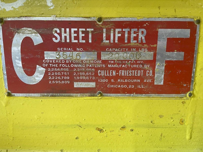 20,000 LB X 84" X 32" TO 62" WIDE CF CULLEN FRIESTEDT ADJUSTABLE PARALLELOGRAM SHEET LIFTER: STOCK #14945