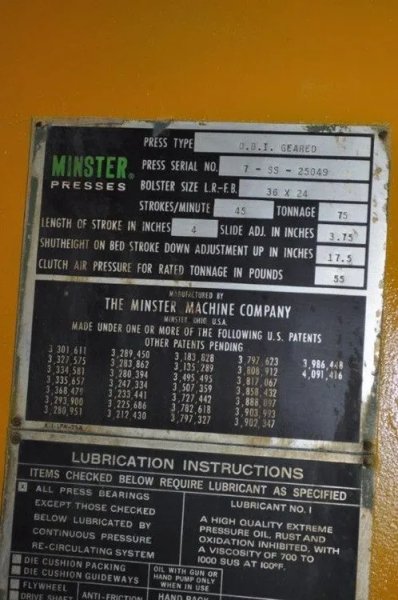 MINSTER 75 TON OBI PRESS, STOCK# 13605J