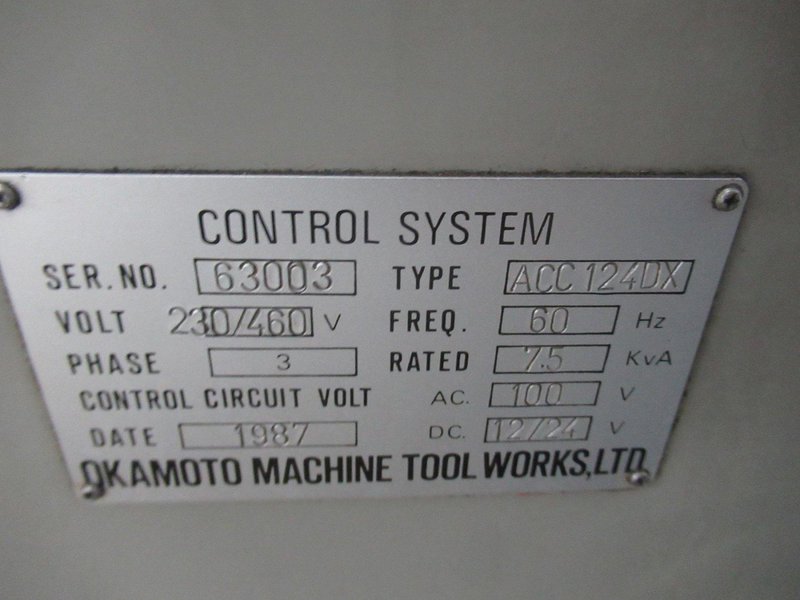 Okamoto ACC-124DX 3-Axis Automatic Horizontal Surface Grinder, 12" x 24" Operation, Electromagnetic Chuck, Downfeed Digital Readout