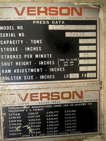 150 ton Verson Single Crank Mechanical Metal Stamping Gap Frame Press For Sale, Model 150-OBG Includes Mechanical Recondition!