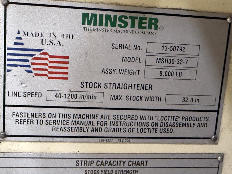 24,000 lbs. x 32" Width Minster Coil Reel and Minster Powered Straightener,  Model#MRH20-38S &amp; MSH30-32-7, Year 2007