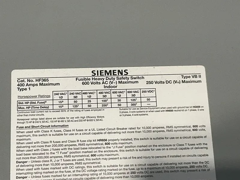 Siemens  400 Amps  Heavy Duty Safety Switch  - Hf365