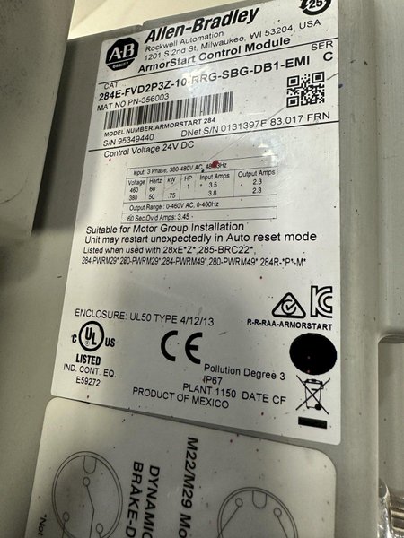 ALLEN BRADLEY 280E-FN-10-RG W/ 284E-FVD2P3Z-10-RRG-SBG-DB1-EMI USED ARMOR START