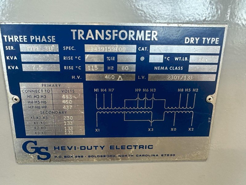 7.5 KVA 480-230Y/133 GS STEP DOWN TRANSFORMER. STOCK # 0845322