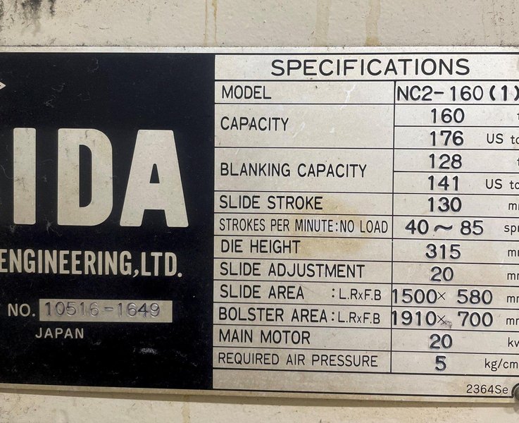 160 ton Aida (Metric) Used Metal Stamping Press Model# NC2-160 (1) Double Crank Gap Press For Sale, Year 1995