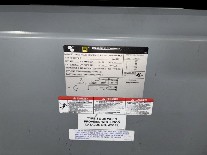 225 KVA SQUARE D 480 <-> 208Y/120 ELECTRICAL 3 PHASE TRANSFORMER: YOBRO #24119