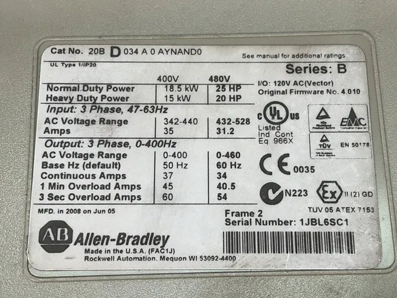 Allen-bradley 25hp Powerflex 700 Servo Drive - 20bd034a0aynand0