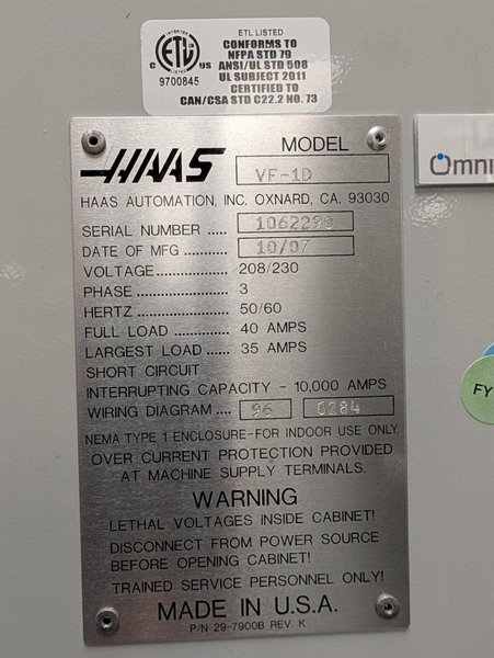 Haas VF-1D CNC Vertical Machining Center, Haas Coldfire CNC Control, 10,000 RPM, 20 ATC, LESS THAN 3000 SPINDLE HOURS- Auction Item