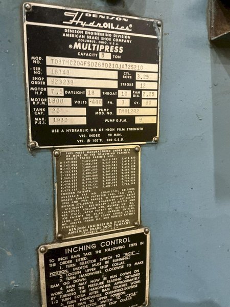 8 TON X 12" STROKE DENISON HYDRAULIC C-FRAME PRESS: YOBRO #26217