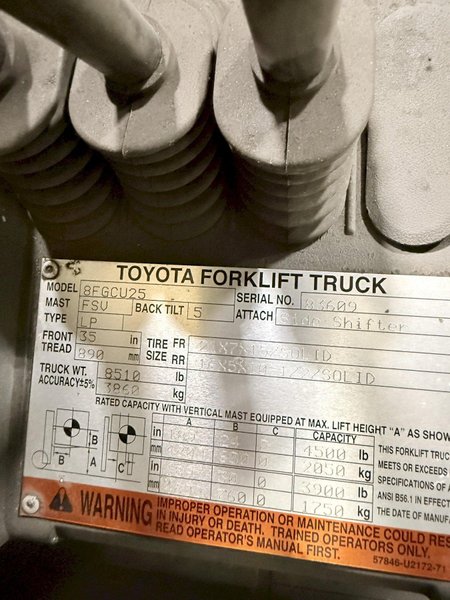 Toyota model 8FGCU25 L/p powered fork lift truck s/n 83609, 4500# capacity, 189" lift, side shift forks