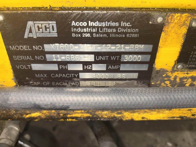 3,000 LBS ACCO MODEL #X7600-38-7-12-21-B8M VAC-O-LIFT VACUUM SHEET LIFTER: STOCK #11235