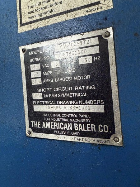 30" X 48" X 72" AMERICAN PAC40297T20 AUTO-TIE BALER SYSTEM. STOCK # 0671025